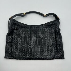 Bloomingdale’s black woven leather shoulder bag. 16.5X12x2. Excellent condition